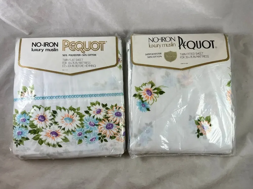Pequot Maytime Twin Flat Fitted Sheets Blue Floral Daisy New Deadstock 1970s
